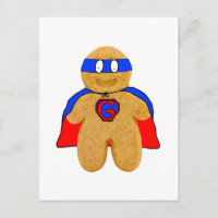 red and blue gingerbread man super hero postcard