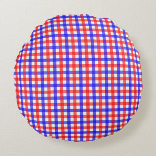 Red And Blue Gingham Plaid Round Pillow