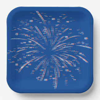 Red and Blue Glitter Fireworks  Paper Plate