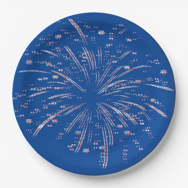 Red and Blue Glitter Fireworks  Paper Plates (Front)
