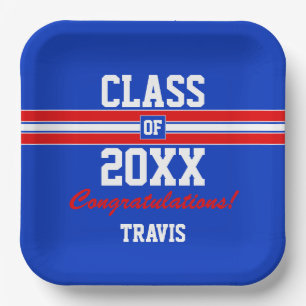 Red and Blue Graduation Custom Congratulations Paper Plate
