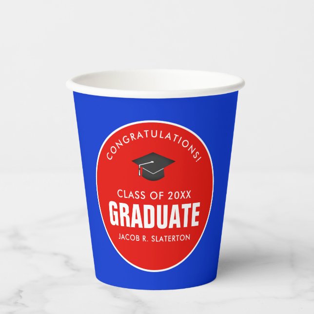 Red and Blue Graduation Personalized Paper Cups (Front)