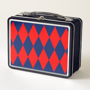 Red and Blue Harlequin Checkered Design Metal Lunch Box