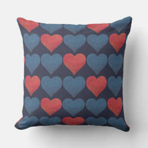 Red and Blue Hearts Pattern Throw Pillow