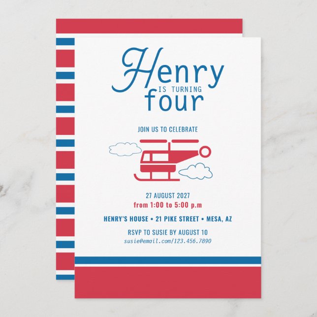 Red and Blue Helicopter Birthday Invitation (Front/Back)
