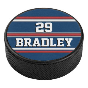 Red and Blue Hockey Team Stripes Puck