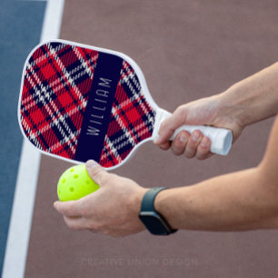 Red and Blue Houndstooth Plaid Pickleball Paddle