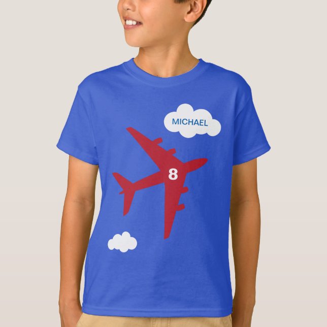 Red and blue kid's airplane birthday party t-shirt (Front)