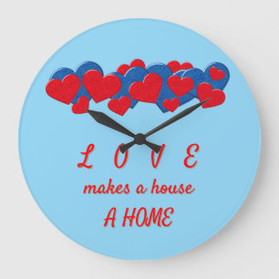 Red and Blue Love Hearts on light blue background Large Clock