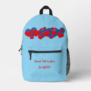 Red and Blue Love Hearts on light blue background Printed Backpack