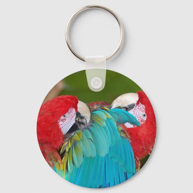 Red and blue macaw parrot print keychain (Front)