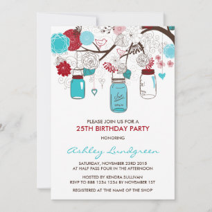 Red and Blue Mason Jars Birthday Party Invitations