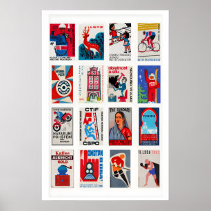 Red and Blue Matchbox Label Collage, bold graphic Poster