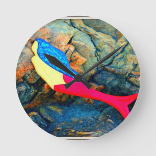 red and blue mermaid round clock