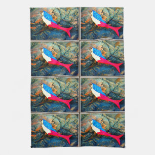 red and blue mermaids kitchen towel