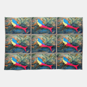 red and blue mermaids kitchen towel