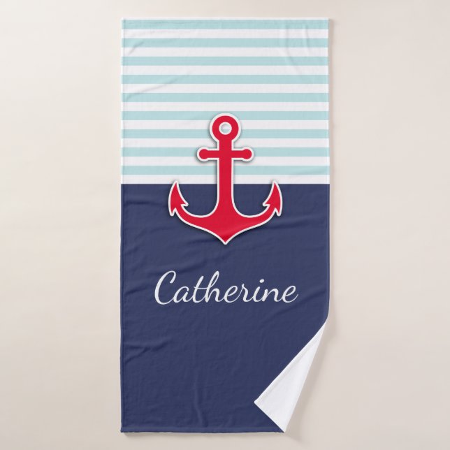 Red and Blue Nautical Anchor Personalized Bath Towel (Bath Towel)
