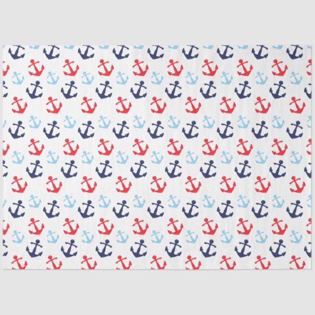 Red and Blue Nautical Anchors Pattern Tissue Paper (Front)