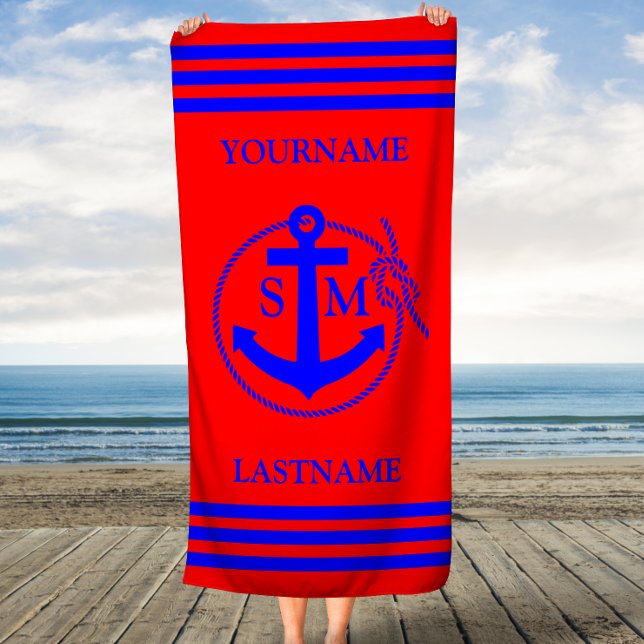 Red and Blue Nautical Rope and Anchor Beach Towel (Creator Uploaded)