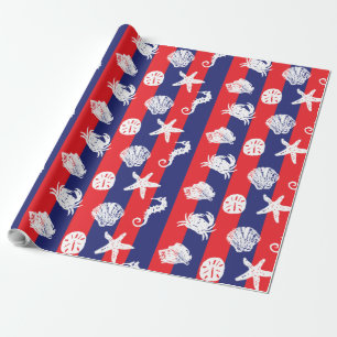 Red and Blue Nautical Sea Creatures Wrapping Paper