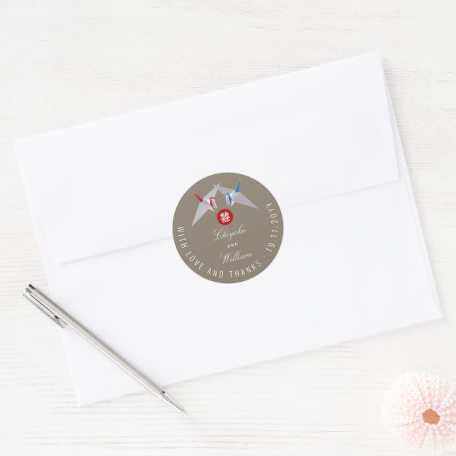 Red And Blue Origami Paper Cranes Asian Wedding Classic Round Sticker (Envelope)