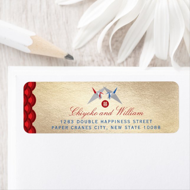 Red And Blue Paper Cranes Scallop Pattern Wedding (Insitu)