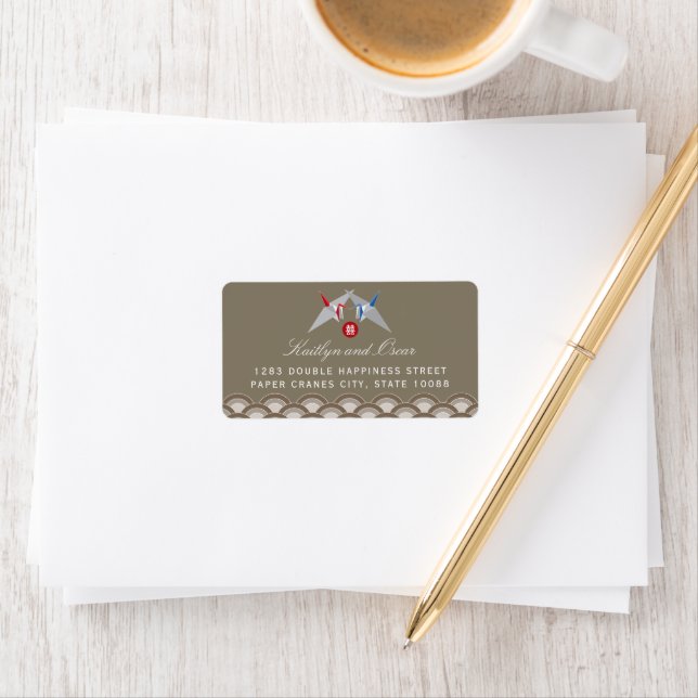 Red And Blue Paper Cranes Scallop Pattern Wedding Label (Insitu)