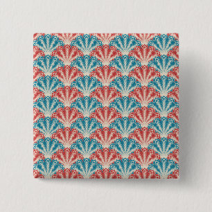 Red and Blue Peacock Tail Pattern 2 Inch Square Button