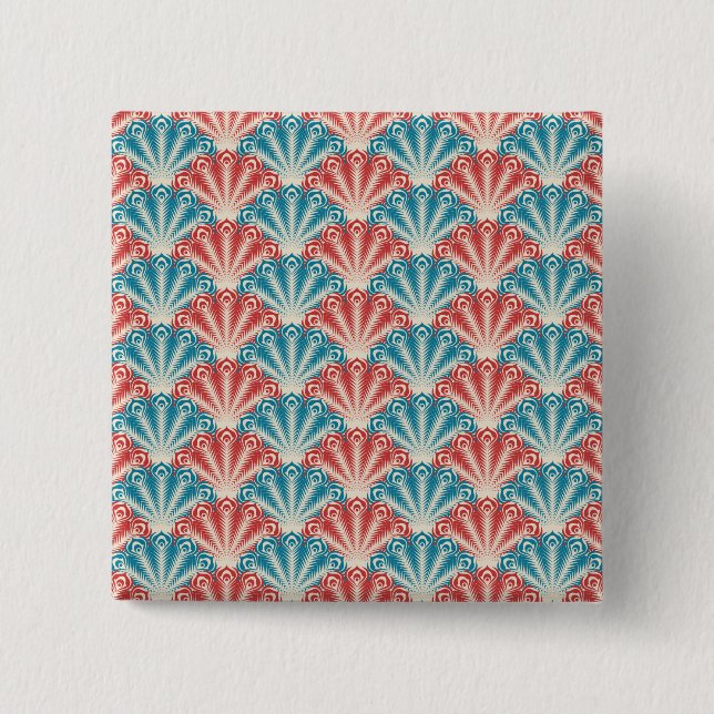 Red and Blue Peacock Tail Pattern 2 Inch Square Button (Front)
