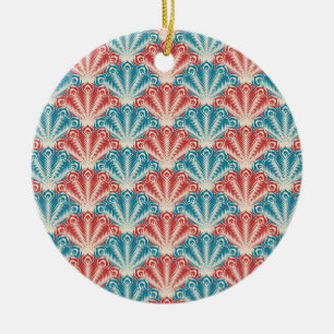 Red and Blue Peacock Tail Pattern Ceramic Ornament
