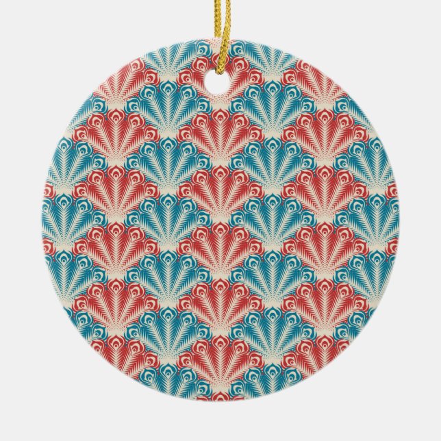 Red and Blue Peacock Tail Pattern Ceramic Ornament (Front)