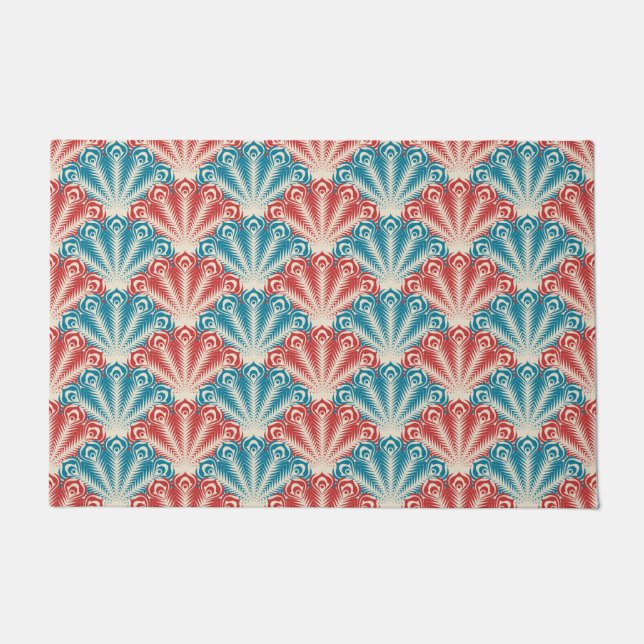 Red and Blue Peacock Tail Pattern Doormat (Front)