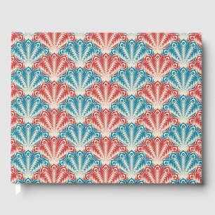 Red and Blue Peacock Tail Pattern Guest Book