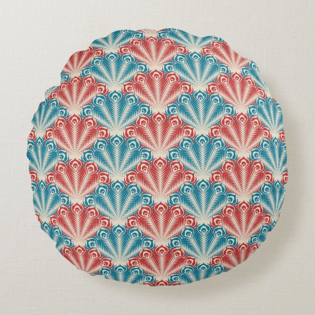 Red and Blue Peacock Tail Pattern Round Pillow (Front)