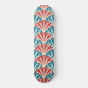 Red and Blue Peacock Tail Pattern Skateboard