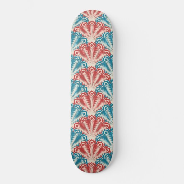 Red and Blue Peacock Tail Pattern Skateboard (Front)
