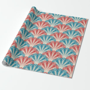 Red and Blue Peacock Tail Pattern Wrapping Paper