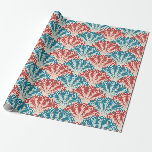 Red and Blue Peacock Tail Pattern Wrapping Paper (Unrolled)