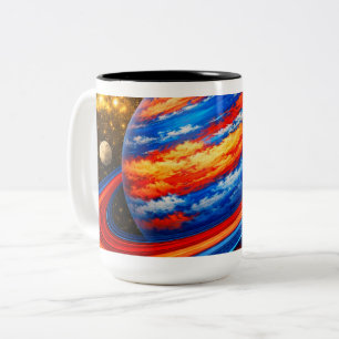 Red and Blue Planet with Rings Two-Tone Coffee Mug