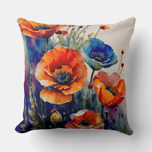 Red and Blue Poppies Throw Pillow (Front)