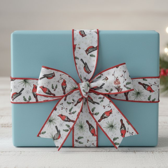 Red and Blue Red Cardinal Birds and Holly Pattern Grosgrain Ribbon (Modern Red Cardinal Bird Xmas Ribbon. Rustic Cardinal Bird, Holly Berries, Snowflakes Nature Pattern)