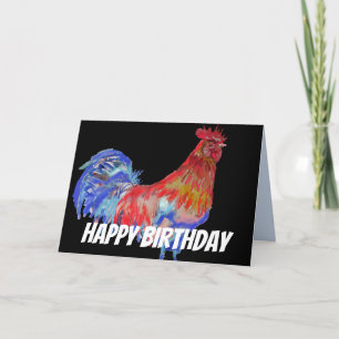 Red and Blue Rooster Watercolor Birthday Card