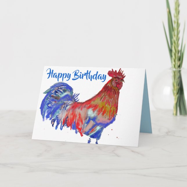 Red and Blue Rooster Watercolour Chicken Birthday  Card (Front)