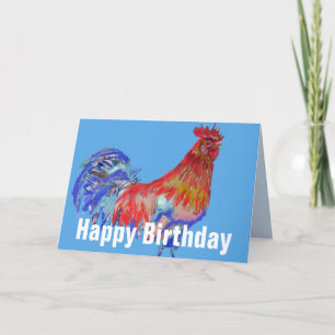 Red and Blue Rooster Watercolour Chicken Card