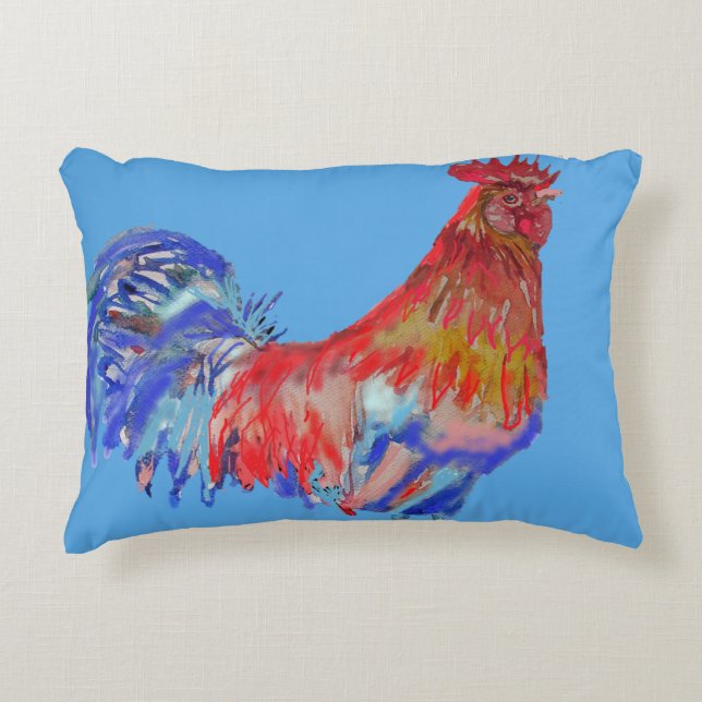 Red and Blue Rooster Watercolour Decor Cushion (Front)