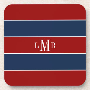Red and Blue Rugby Stripes 3 Letter Monogram Coaster