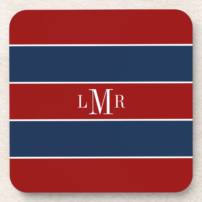 Red and Blue Rugby Stripes 3 Letter Monogram Coaster (Front)
