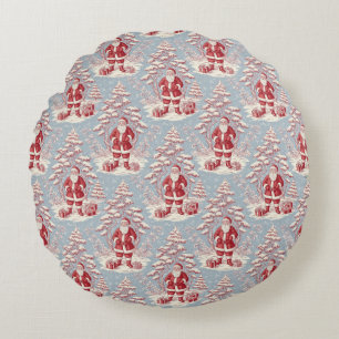 Red and Blue Santa Toile Chinoiserie Round Pillow