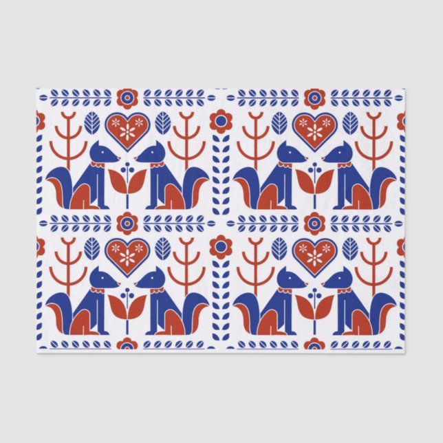 red and blue Scandinavian folk pattern Tissue Paper (Front)