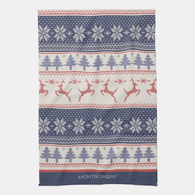 Red and Blue Scandinavian Pattern Custom  Kitchen Towel (Vertical)